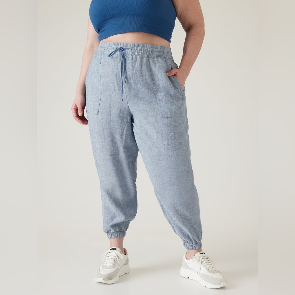 Athleta Retreat Linen Joggers Plus Size 22 In Chambray Blue NWT Breathable